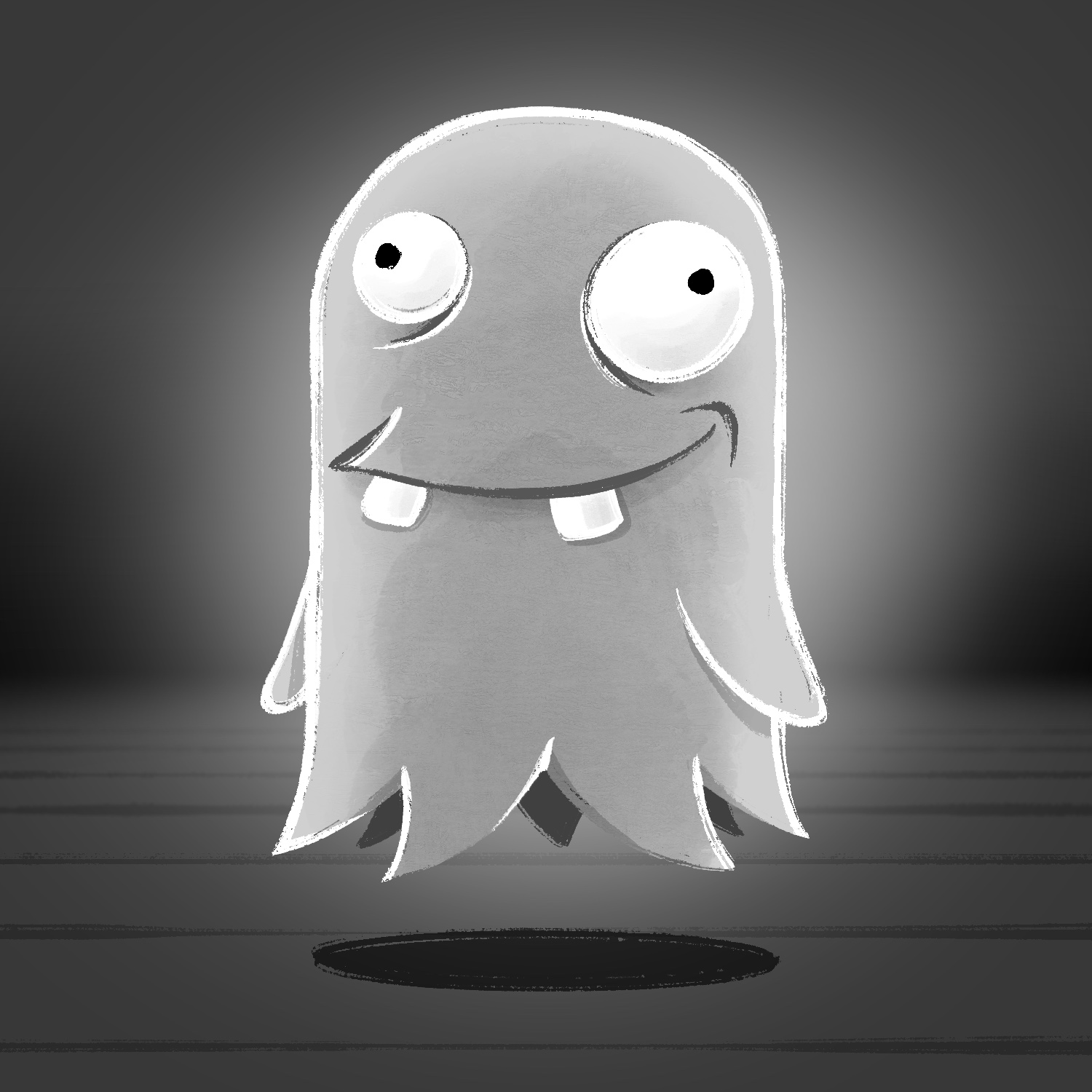 A black and white illustration of a dopey-looking ghost. The ghost is white and has a simple form: a cylinder rounded at the top, with a jagged bottom. He has two stubby arms hanging at his sides. His eyes are bugged out and walleyed. He has a goofy grin on his face with two big buck teeth sticking out on either side. He is glowing, and hovering over a dark background.