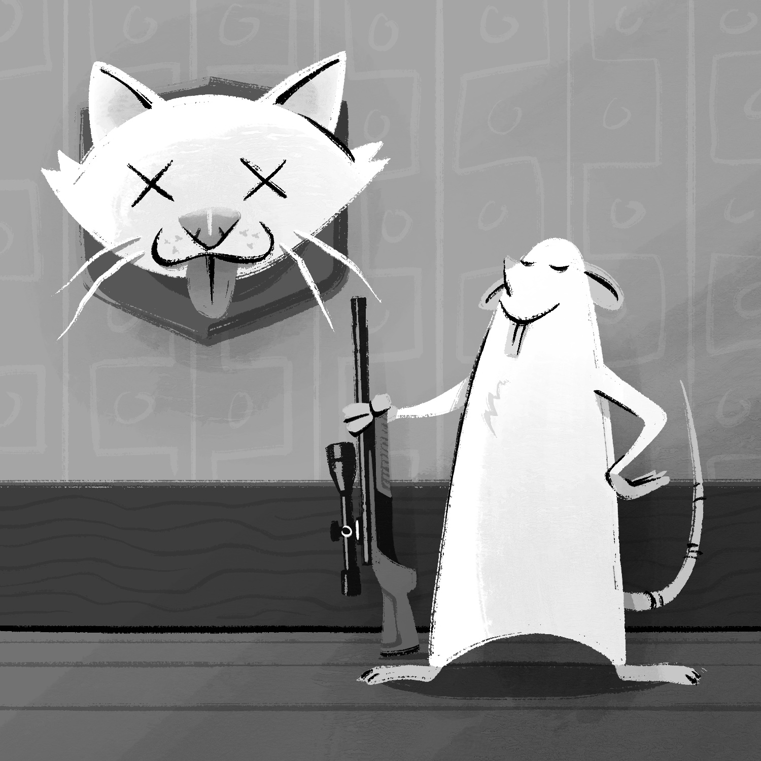 A black and white illustration of a mouse standing proudly, holding a large rifle at his side, with a cat's head mounted on a plaque to the side. The mouse is white and is standing with one hand on his hip and the other hand holding the barrel of the rifle, with the butt of the gun resting on the ground by his feet. He is smiling broadly, his chin is up, and his eyes are shut. The cat head is also white and has its tongue hanging out and X's for eyes. The plaque is a dark, beveled, shield shape poking out from behind the cat's head. The background is a wall with wooden baseboard and wallpaper with a faint design on it.