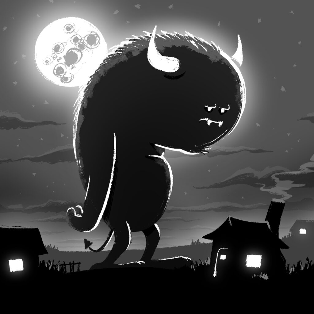 A black and white illustration of a large monster standing over some houses in the countryside. The monster is top-heavy and about 5 times taller than the houses. He has stubby legs, large feet, hands hanging slack by his sides, horns, and a tiny face. He is covered in fur that is lit by the moon behind him. He is making a sad, disgruntled face. The houses have glowing windows, and the background is a cloudy, starry night with a full moon almost behind the monster.