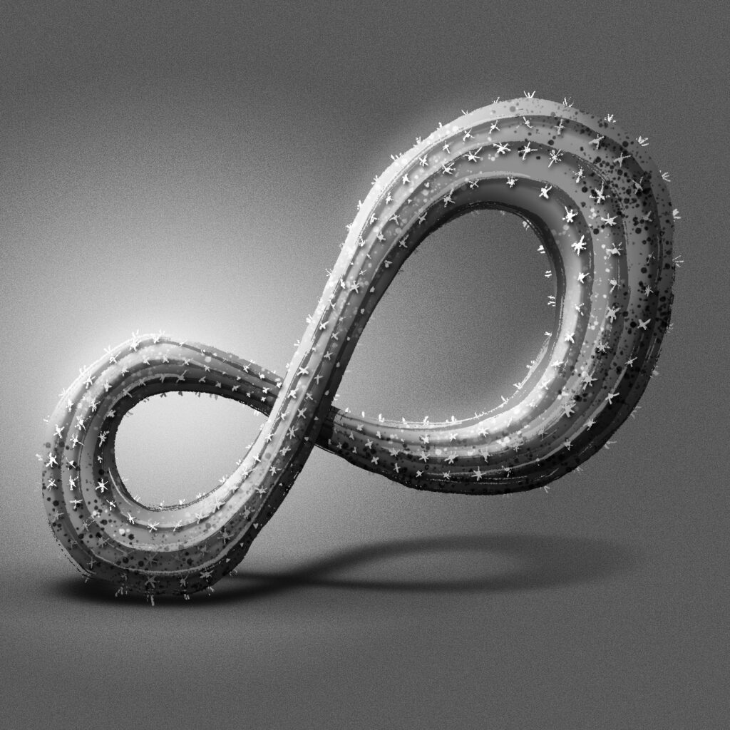 A black and white illustration of a cactus arm bent into an infinity symbol and floating over the background. The symbol is tilted to the left slightly, so that the bottom curve looks like it is hovering just above the ground. The same curve is a little smaller than the other. The cactus has ridges and is covered with tufts of spikes. The background is a grainy gray with a light glow on the left side.
