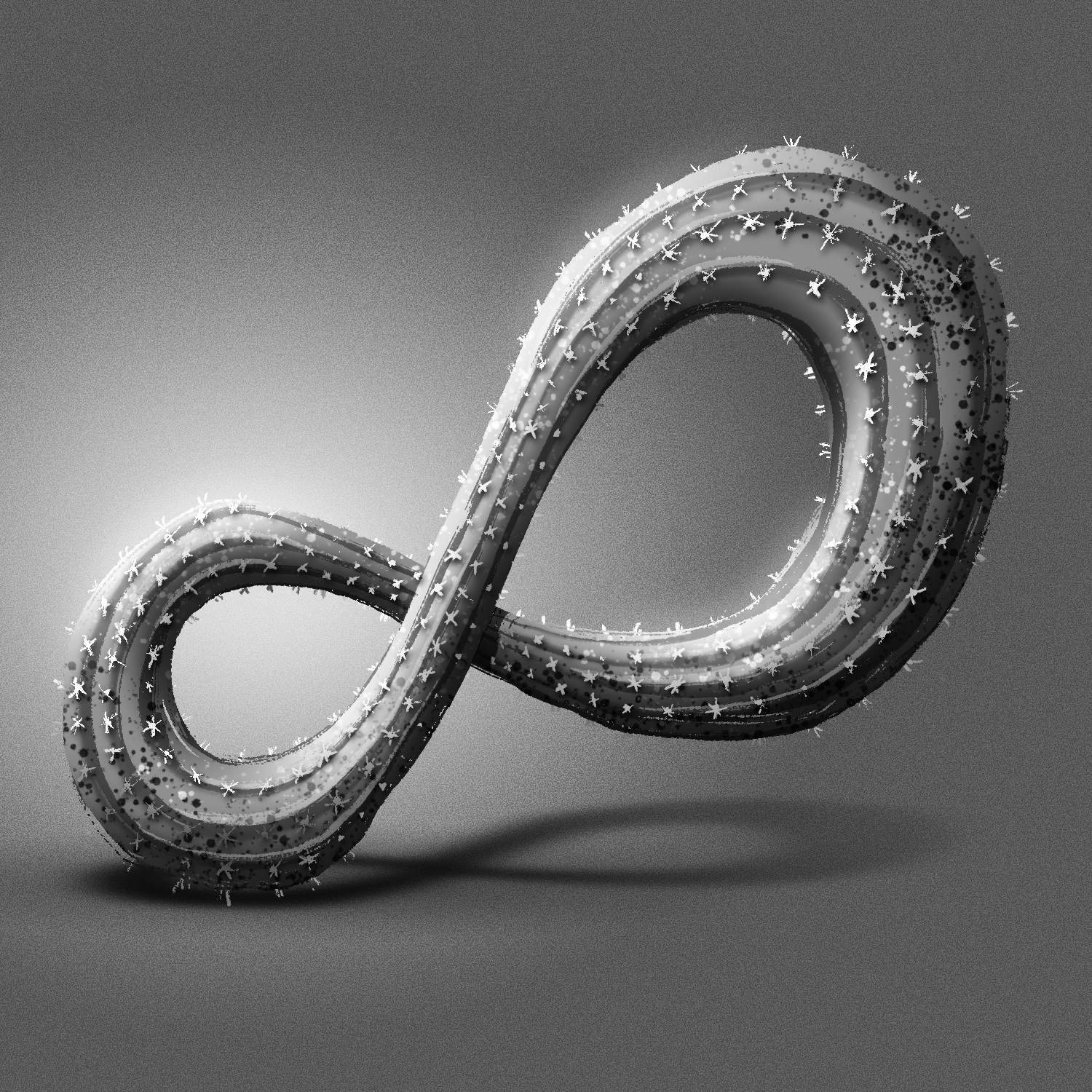 A black and white illustration of a cactus arm bent into an infinity symbol and floating over the background. The symbol is tilted to the left slightly, so that the bottom curve looks like it is hovering just above the ground. The same curve is a little smaller than the other. The cactus has ridges and is covered with tufts of spikes. The background is a grainy gray with a light glow on the left side.