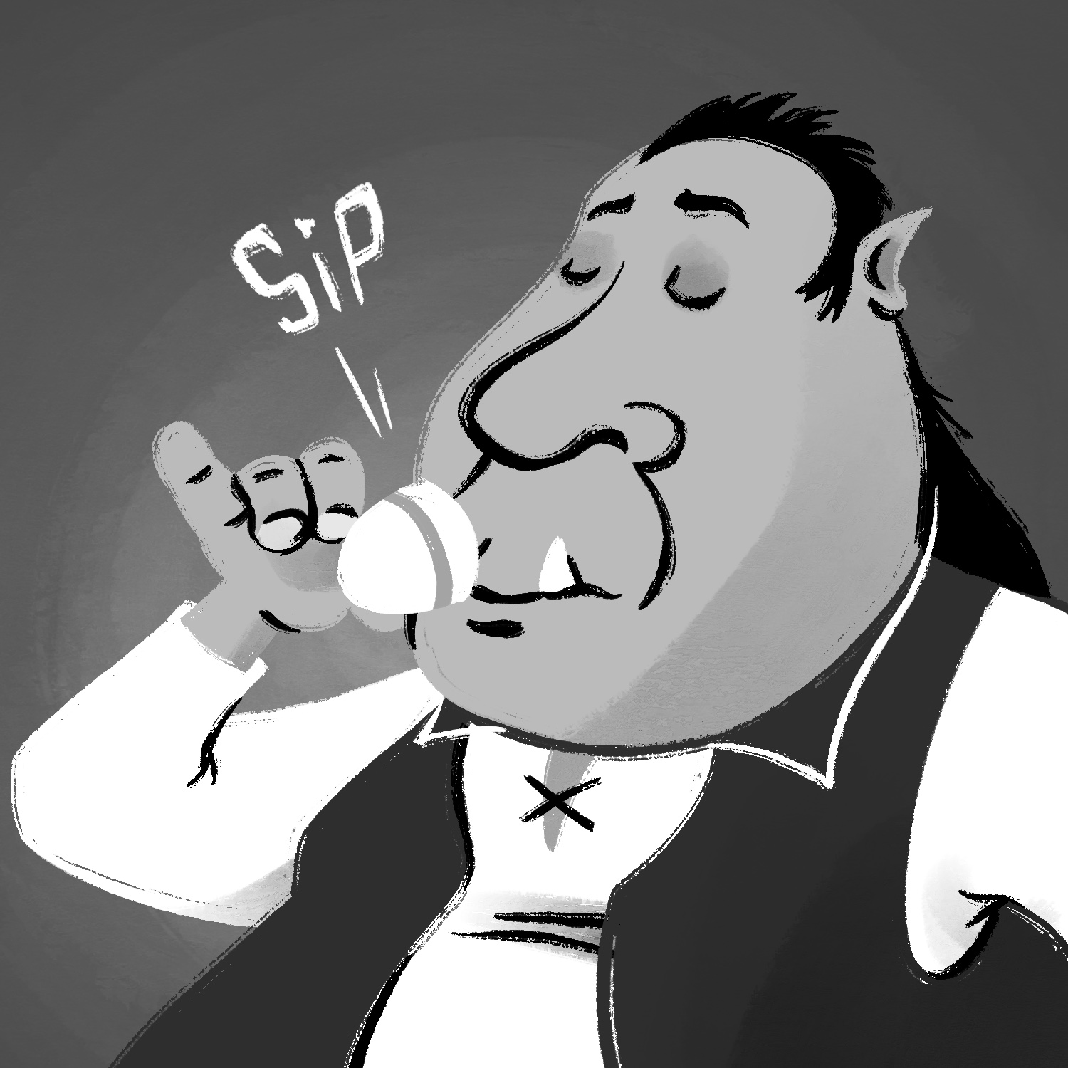 A black and white illustration of a large ogre drinking from a tiny teacup. The ogre is pictured from the chest up, but the part of his body that's visible implies that he is rather large. He has a large jaw, chin, and nose, a smaller cranium, and long dark hair slightly spiked at the top. A small tusk-like tooth is sticking out from his lower lip. He has small, pointy ears. The ogre has a light complexion and is wearing a white shirt and dark vest. The word "sip" is popping up from the teacup.
