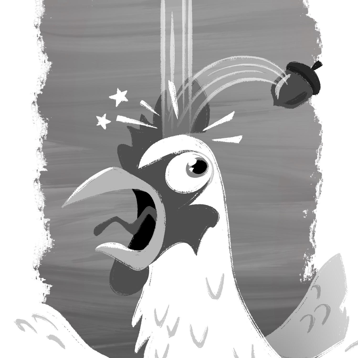 A black and white illustration of a chicken squawking after being bonked on the head by a fallen acorn. The chicken's mouth is wide open in panic, and its single visible eye is bugging out. It is white with a gray comb. Its wings are spread out, and its tail can be seen at the bottom of the image. An acorn has lines tracing its path from above the chicken, to hitting the chicken, to flying off to the right side. White lines and two stars are emanating from the top of the chicken's head, where the acorn hit it. A thick vertical stripe of gray background goes from behind the chicken to the top of the image, with jagged edged white strips on either side.