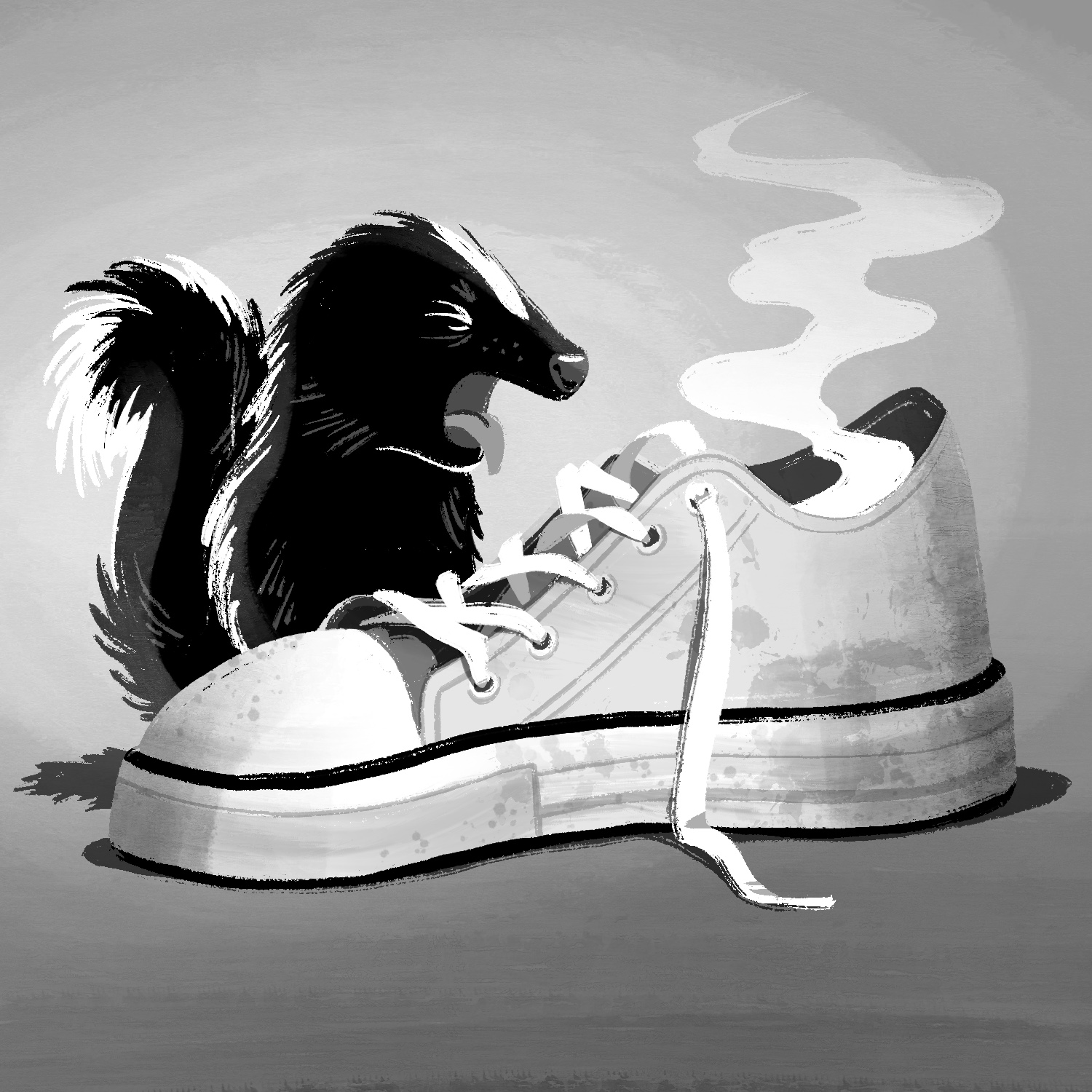 A black and white illustration of an old sneaker with a visible odor wisping out of it. A skunk is standing behind it making a disgusted face. The sneaker is dirty and looks like an old skating shoe with the laces undone. The skunk's mouth is hanging open with his tongue out, and his eyes are clenched shut. The background is a nondescript gray that gets a bit lighter behind the skunk and fades a little darker at the bottom.