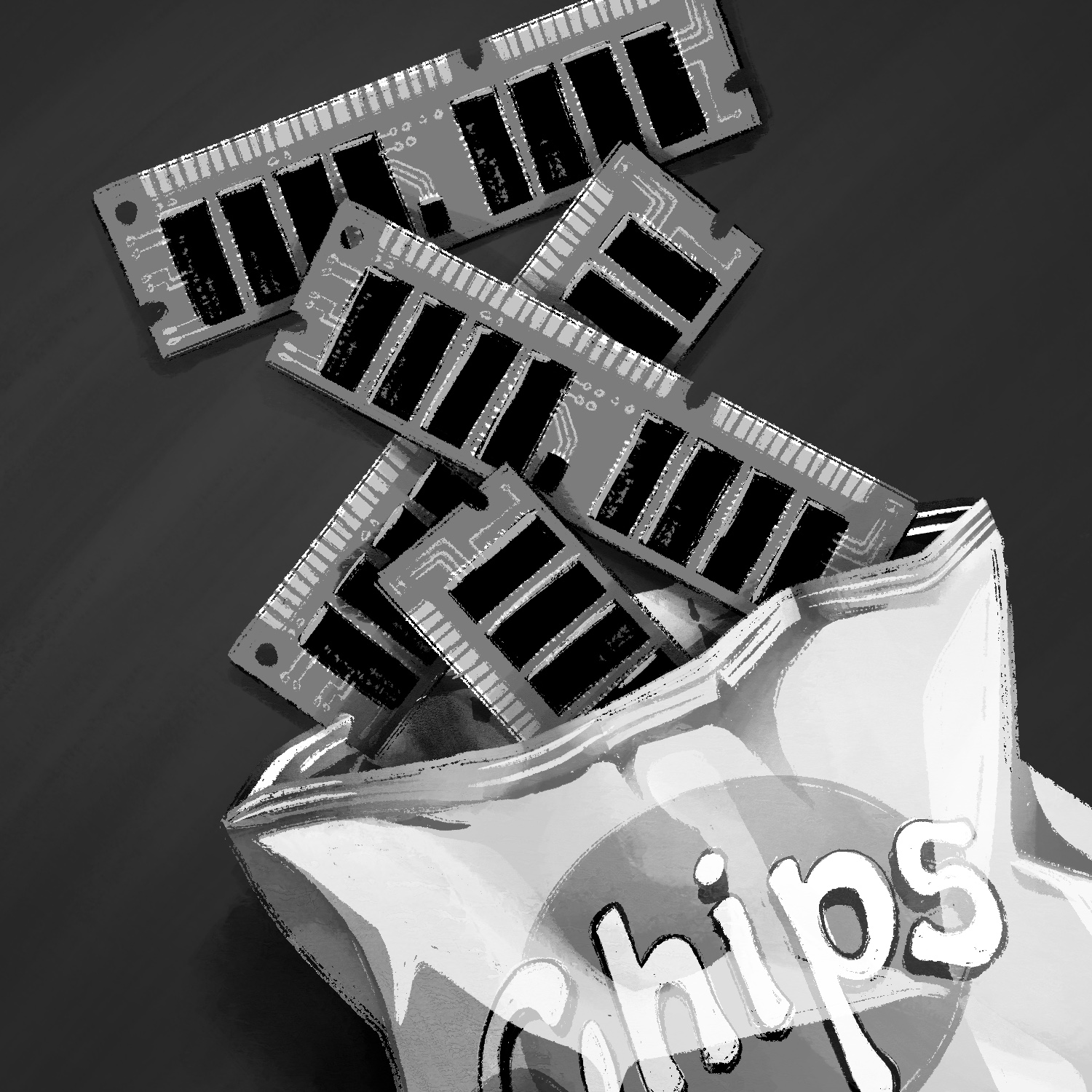 A black and white illustration of an open bag of chips laying down, with computer memory chips coming out the end. The back is light colored with a generic logo that has "chips" written over a darker oval. There are four RAM chips coming out the end, strewn about as if the bag fell over. They look like small rectangular circuit boards with a series of black rectangles attached to them and pins on one long end. They have notches and holes in various places, and a scant amount of circuitry is visible. The background is a dark gray.